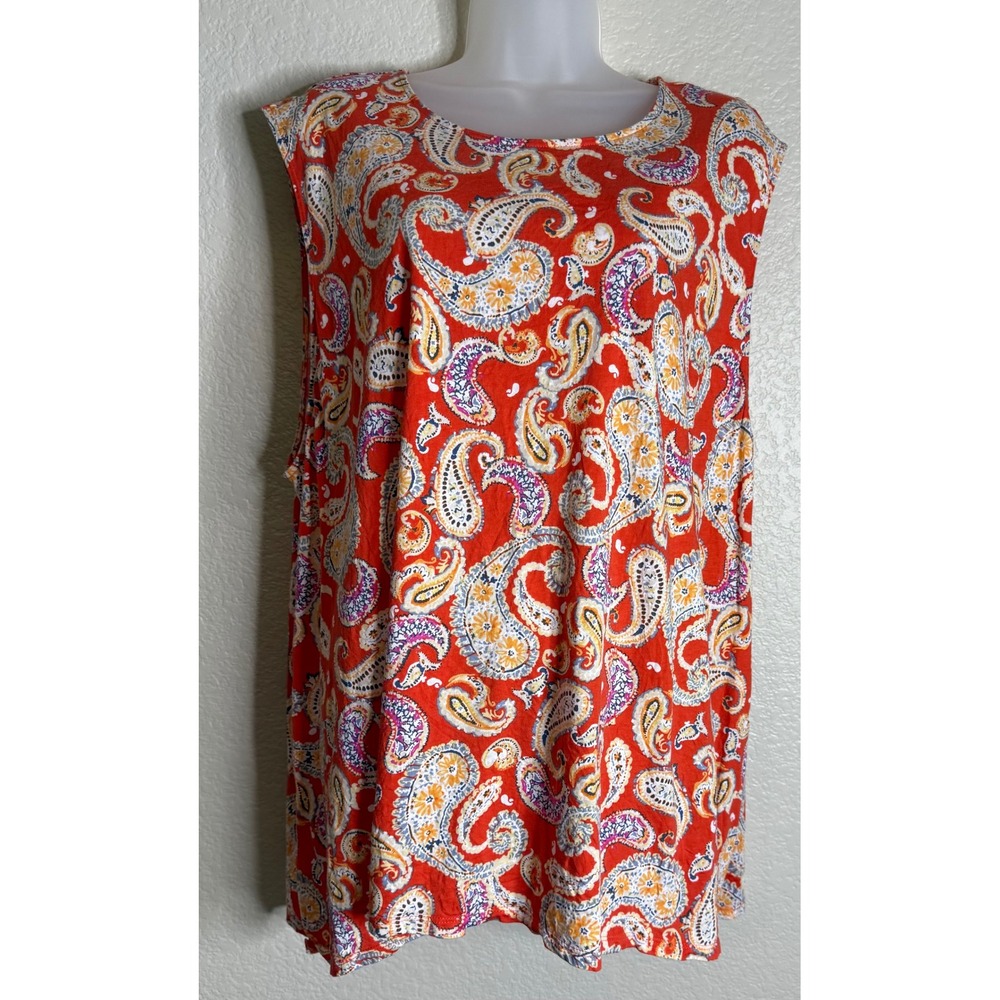 J. Jill Womens 4X Tank Top Orange Paisley Sleeveless Knit Scoop Neck Beach Boho